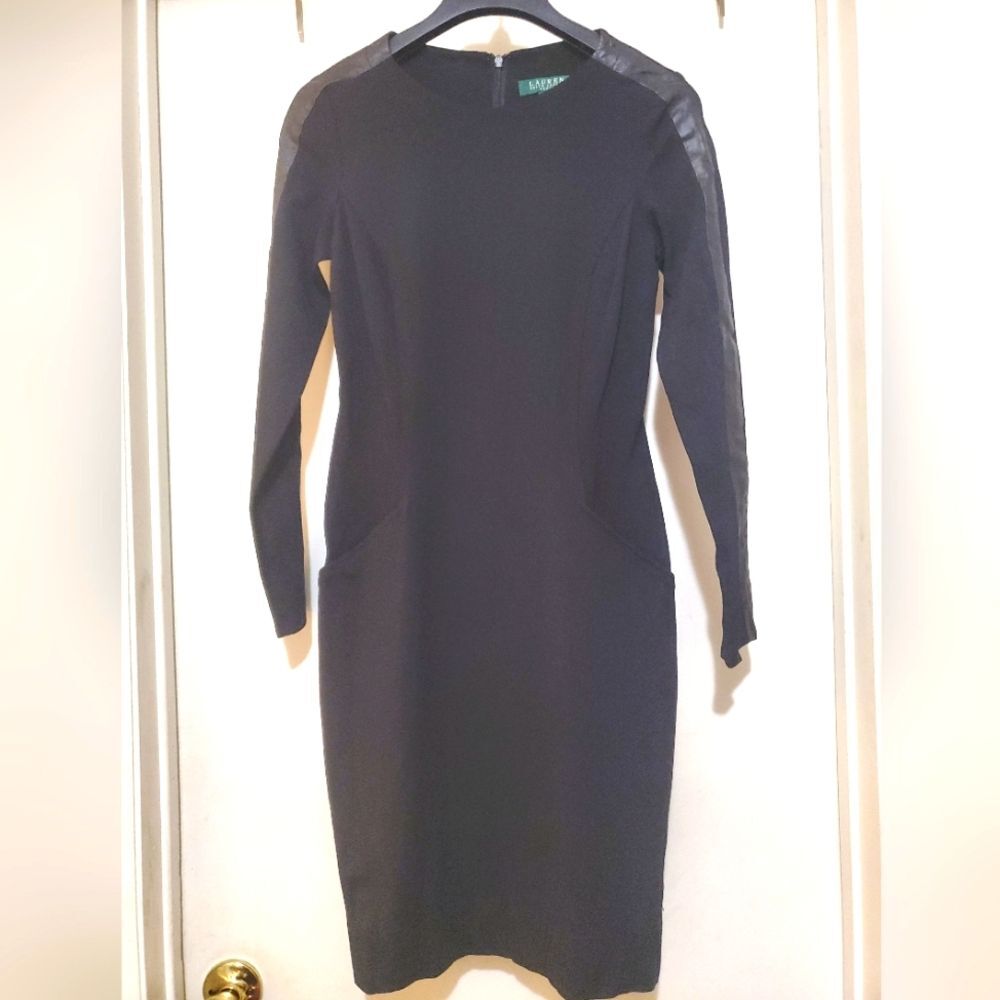 Lauren Ralph Lauren Women's Black Knit Lamb Leather Trim Dress Sz 4